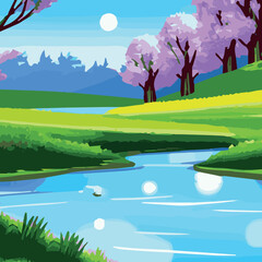 Fototapeta na wymiar Spring landscape with forests, river, mountain, sun, blue sky and clouds, rural nature in spring with land with wild grass. Vector on spring background. in flat cartoon style.