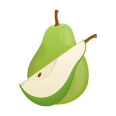 Vector illustration of sweet ripe pears. Cartoon whole juicy garden fruit and fruit cut in quarter isolated on white. Food, dessert, fruit concept
