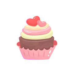 Valentines cupcake with heart isolated. Pink muffins chocolate sweet dessert for lovers. Cartoon vector illustration. Bakery for valentines day