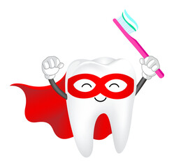 Superhero tooth holding a toothbrush. Cartoon tooth character design. Dental care concept.