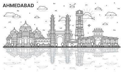 Fototapeta na wymiar Outline Ahmedabad India City Skyline with Historic Buildings and Reflections Isolated on White. Vector Illustration.