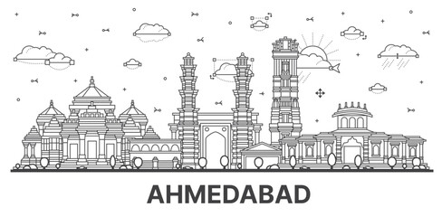 Outline Ahmedabad India City Skyline with Historic Buildings Isolated on White. Vector Illustration.