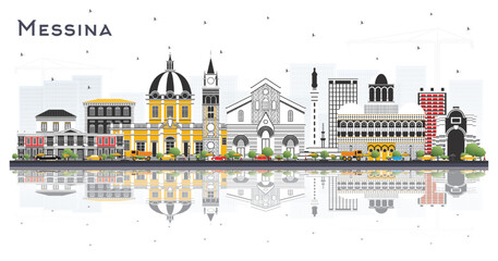 Naklejka premium Messina Sicily Italy City Skyline with Color Buildings and Reflections Isolated on White.