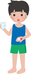 Cartoon comic vector of little boy taking medicine treatment