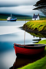 Fishing boat on shore, near a croft house, generated by Artificial Intelligence - obrazy, fototapety, plakaty
