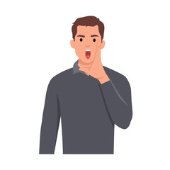 Young man screaming with his hand on mouth shape o. Flat vector illustration isolated on white background