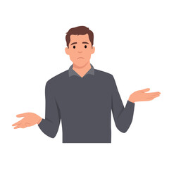 Oops. Sorry. I don't know. Young business man shrugs, shows helpless gesture and spread his hands. Flat vector illustration isolated on white background - obrazy, fototapety, plakaty