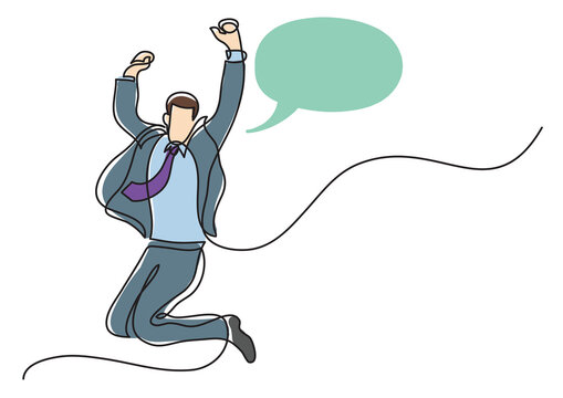 continuous line drawing businessman jumping joy speech bubble - PNG image with transparent background