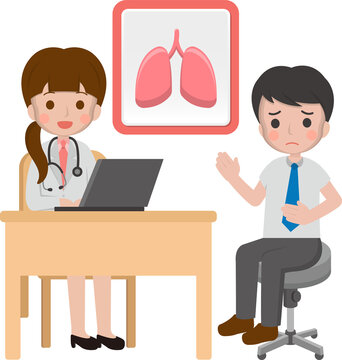 Man with doctor, lung disease cartoon comic vector