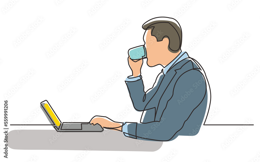Poster continuous line drawing man drinking coffee working laptop computer task work PNG image with transparent background