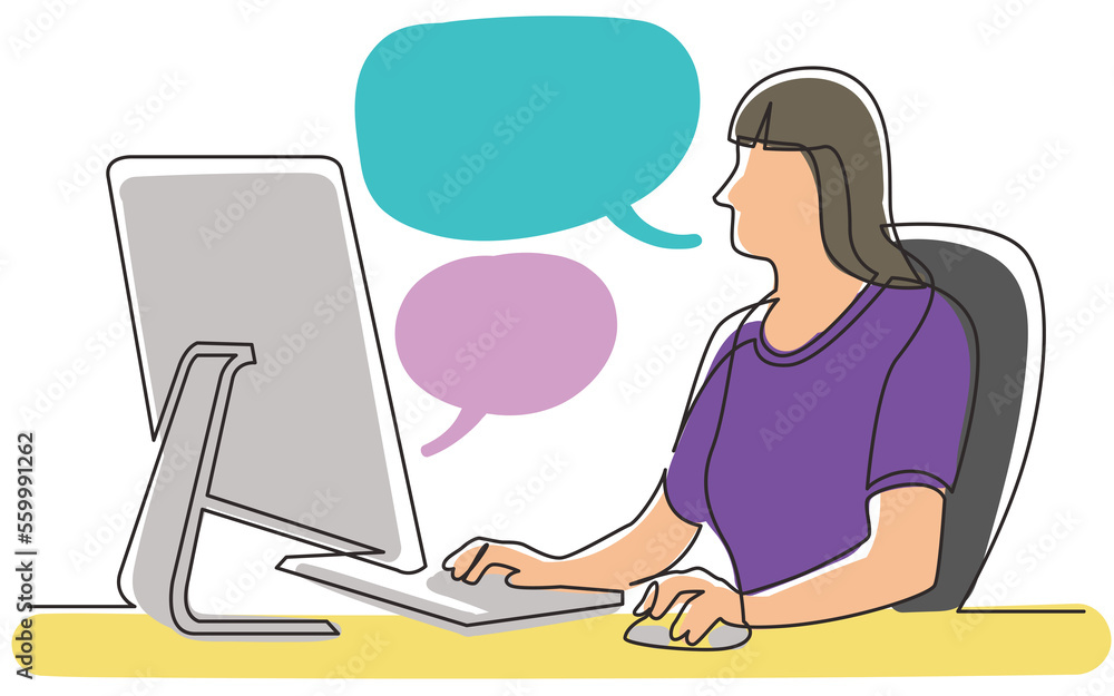 Poster continuous line drawing office worker sitting behind computer display job work png image with transp
