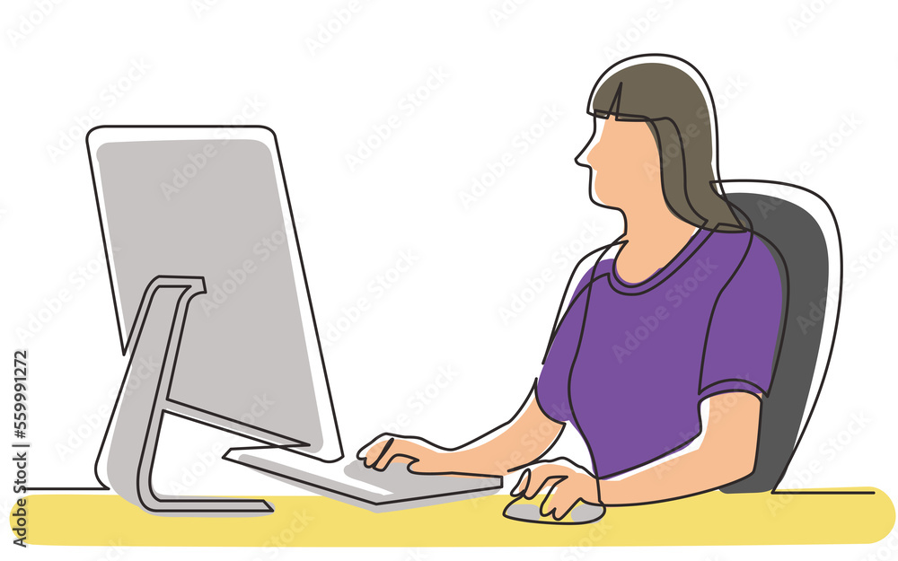 Poster continuous line drawing office worker sitting behind computer display task work png image with trans