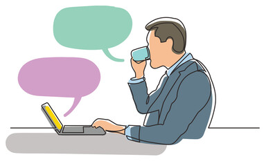 continuous line drawing man drinking coffee working laptop computer job work PNG image with transparent background