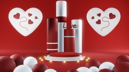 3D rendering of backdrop for displaying products for Valentine's Day red scene podium