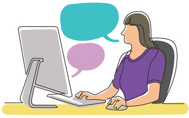 continuous line drawing office worker sitting behind computer display job work PNG image with transparent background