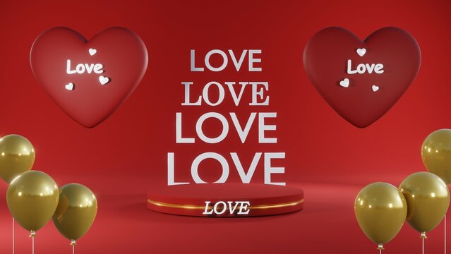 3D rendering of backdrop for displaying products for Valentine's Day red scene podium