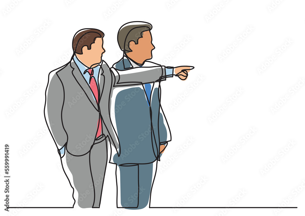 Poster continuous line drawing two businessmen standing pointing - png image with transparent background