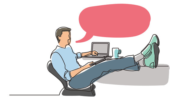 continuous line drawing young man sitting with laptop computer feet on desk job work PNG image with transparent background