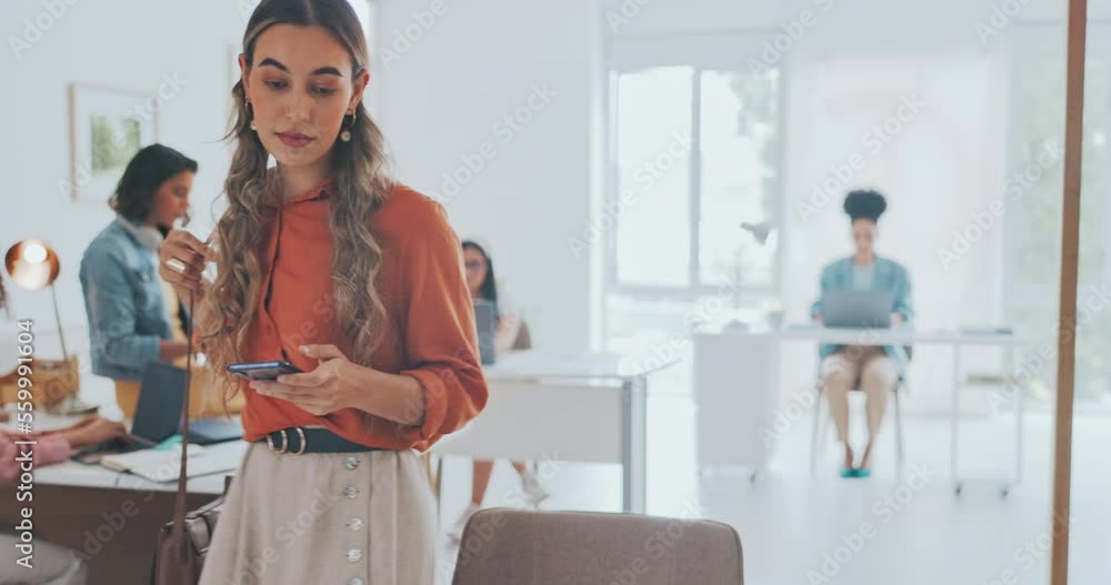 Sticker Business woman, phone and office social network of a marketing worker walking to a desk. Work, mobile communication and text of a creative media designer working on app strategy schedule online