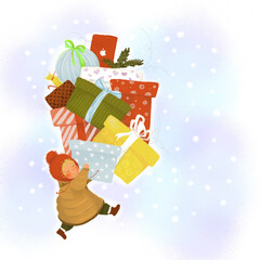 Happy little girl carries a lot of gifts. Winter holidays