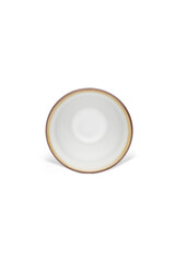 Detailed shot of an original white porcelain rimmed cup in chinese style. The designer bowl with border is isolated on the white background. Top view.