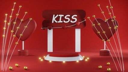 3D rendering of backdrop for displaying products for Valentine's Day red scene podium