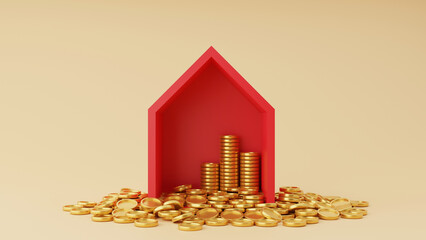 Red house and gold coin on yellow background. Home insurance concept. 3D Render