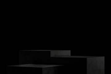 3D Black geometric stage podium. Dark background.