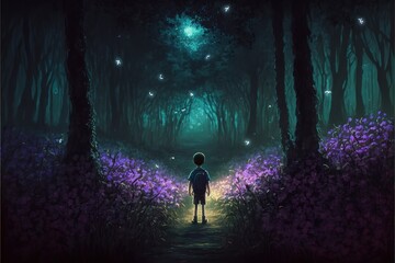A boy in a field of magical purple flowers