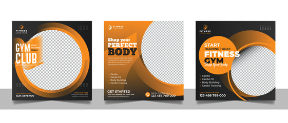 Gym fitness social media post banner template, Sports editable instagram square banner, Workout exercise social media promotional design.