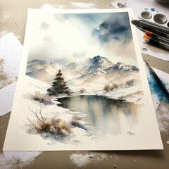 Illustration of a painted winter landscape on a large sheet of paper. Pens and colors lie around the image. Generative Ai