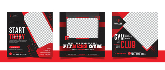 Gym fitness social media post banner template, Sports editable instagram square banner, Workout exercise social media promotion design.