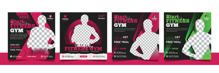 Gym fitness social media post banner workout exercise promotional square template design set.