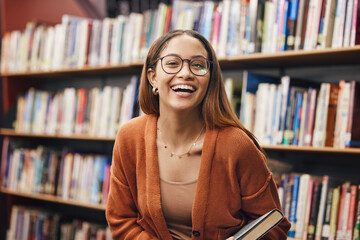 Face, student and woman in library with book ready for learning. Portrait, university education and...