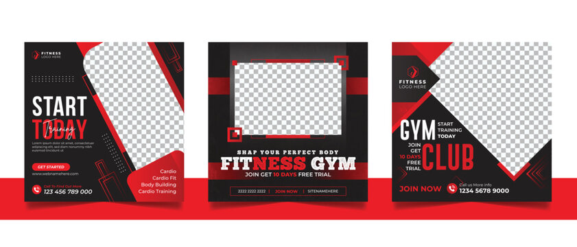 Gym fitness social media post banner template, Sports editable instagram square banner, Workout exercise social media promotion design.