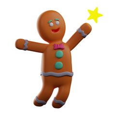 3D illustration. 3D Gingerbread character design with stars. with a jumping pose. showing a happy laughing expression. 3D Cartoon Character