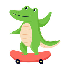 Cute cartoon green crocodile with long tail riding skateboard. Comic animal on personal transport vector illustration. Transportation, animal concept