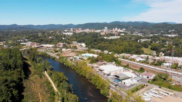 4K Aerial Drone Video Of West Asheville, NC Along The French Broad River