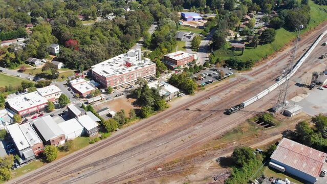 4K Aerial Drone Video of Trains Moving in Norfolk Southern Train Yard in Asheville, NC