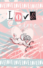 Modern love card, cupid, heart and word Love, collage on pink background. Valentine s day poster, wedding invitation, romantic vector illustration.