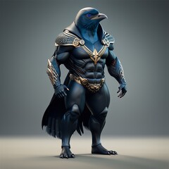 Full body portrait of a Anthropomorphic muscular bird in armour. Digital illustration. Generative AI.