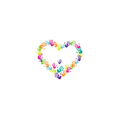 Heart shaped with colorful handprints.