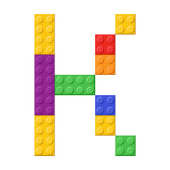 Colorful toy bricks of letter K cartoon illustration. Rainbow letter from blocks for children poster, games, banner or to compose word. ABC typography, font concept