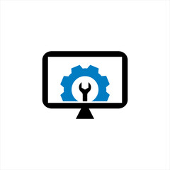 Computer repair vector logo design with wrench and gear.