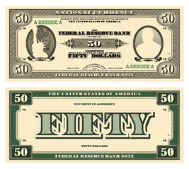 Vector new 50 dollars banknote. Obverse and reverse of US paper money in retro style with ovals. Ribbons with inscriptions, Liberty and Grant.
