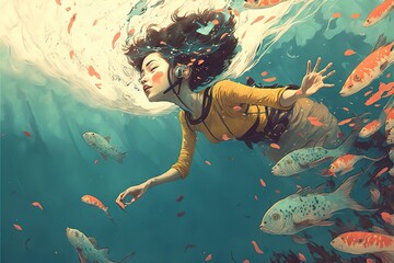 A girl under water among a flock of fish