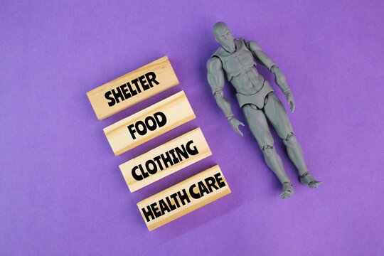 miniature people with the Four Basic Human Material Needs. food, clothing, shelter, health care four basic human needs concepts.