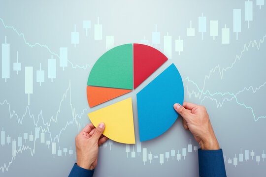 Strategy of diversified investment.  Investor managing portfolio. Pie chart and candlestick charts.