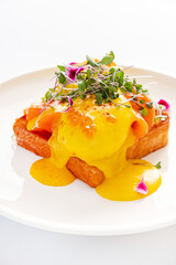 belgian waffle with poached egg