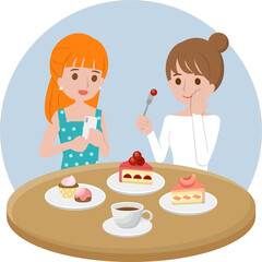 Illustration cartoon of beautiful women chatting and having afternoon tea, cake and coffee
